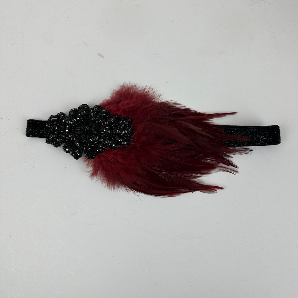 Vintage Style Flapper Headband Burgundy Red Feather Beaded 1920s Gatsby Elastic